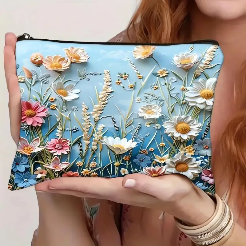 pochette de maquillage imprimée florale double face style boho, organisateur de voyage, sac à main en lin pour femmes, sac de rangement de cosmétiques pour cadeau