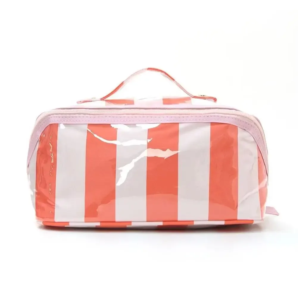 sac de maquillage imperméable en pvc, double fermeture éclair, sac de rangement cosmétique à rayures en damier, sac de toilette de voyage grande capacité