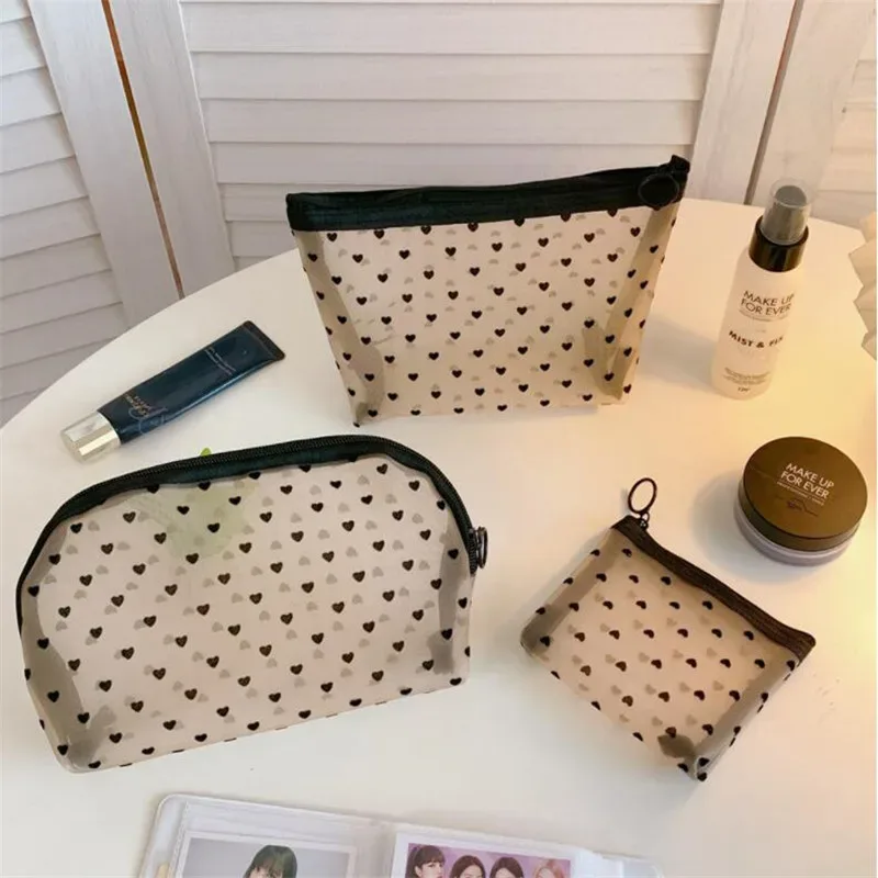 sacs de maquillage cosmétiques en maille, porte-étui, fermeture éclair transparente, mignon, noir, cœur imprimé, trousse à crayons, pochette pratique à transporter