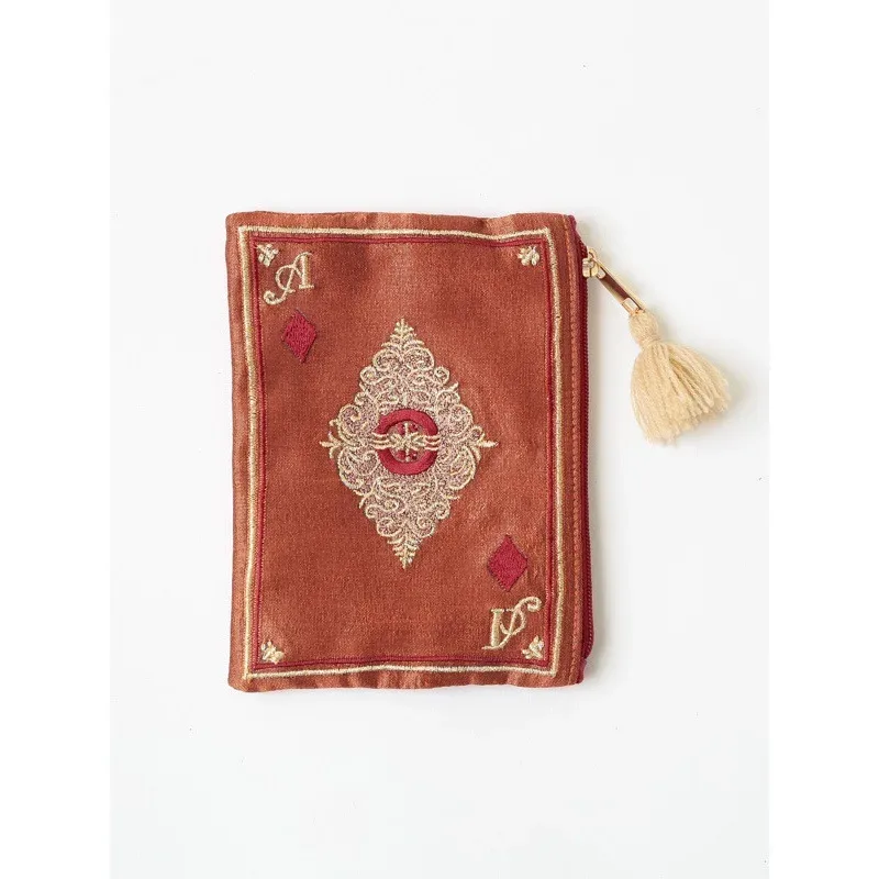 sac de maquillage à motif de carte de poker brodé à la main de style japonais, sac de rangement portable de style ethnique pour cartes de monnaie, sac de rangement à pompon rétro