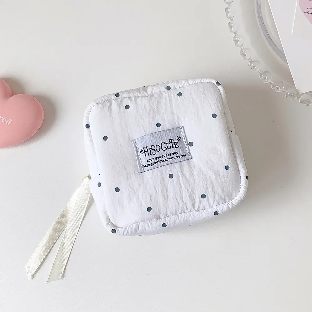 pochette cosmétique carrée à pois, petite pochette portable pour rouge à lèvres, sac de rangement simple pour serviettes hygiéniques pour étudiantes