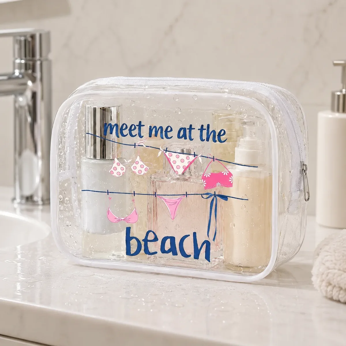 sac cosmétique transparent en pvc, organisateur de toilette, pochette de voyage à motif de plage, sac de rangement transparent, sac à médicaments, étui de beauté