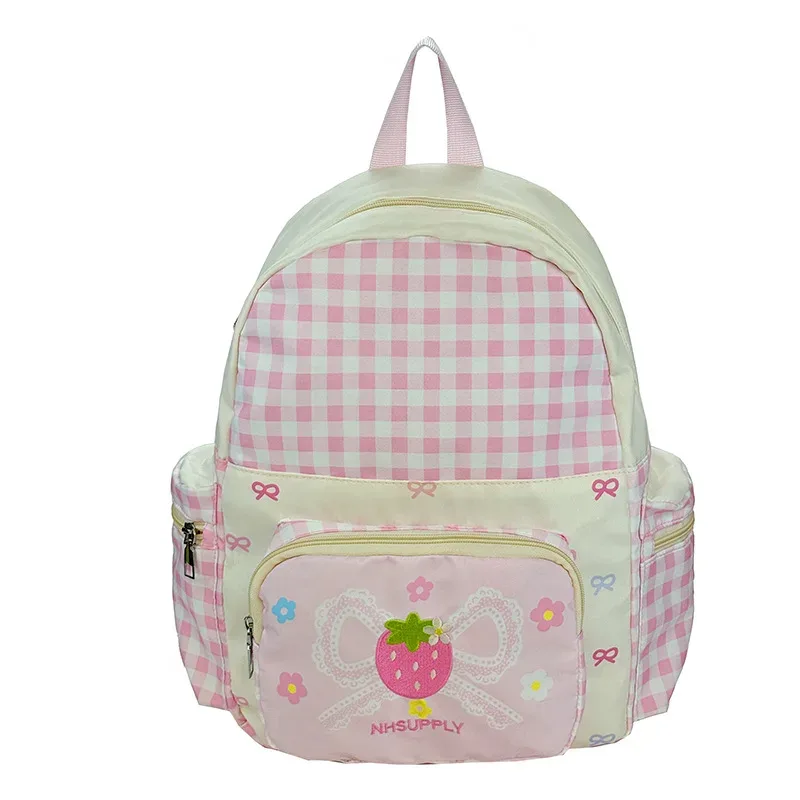 sac à dos scolaire léger en nylon à carreaux pour fille, broderie mignonne de fraises, sac à dos imperméable kawaii pour les trajets quotidiens
