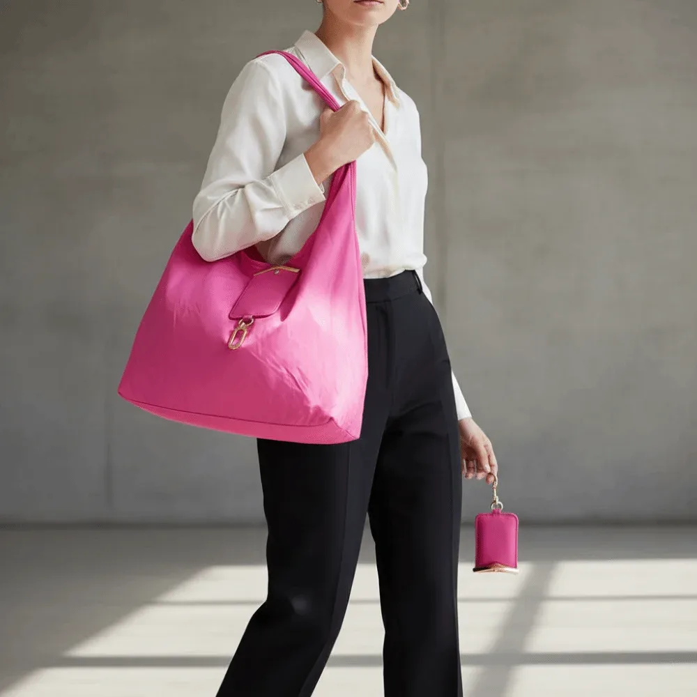 sac fourre-tout mini pliable anti-déchirure en similicuir couleur unie avec porte-clés et garniture métallique, pochette 2-en-1 pour sac et breloque