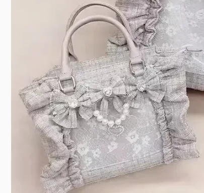 sac à main en dentelle à volants pour femmes et filles, sacoche de style japonais, fourre-tout carré avec nœud papillon en perles, sacs à main portables initiés