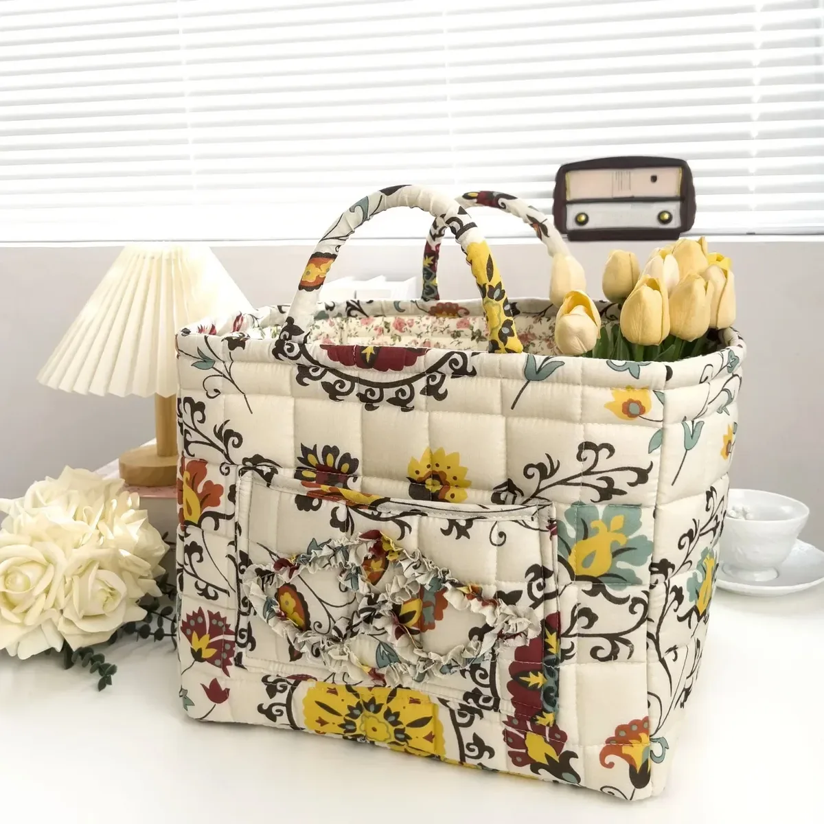 panier de rangement à motifs floraux pour femmes, paniers à linge doux en tissu de grande capacité avec poignées faciles à transporter, sac fourre-tout de voyage