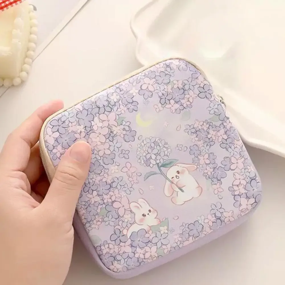 sac de rangement floral mignon en forme de lapin, mini organisateur de serviettes hygiéniques, pochette cosmétique portable pour femmes, sac à monnaie pour câbles de données