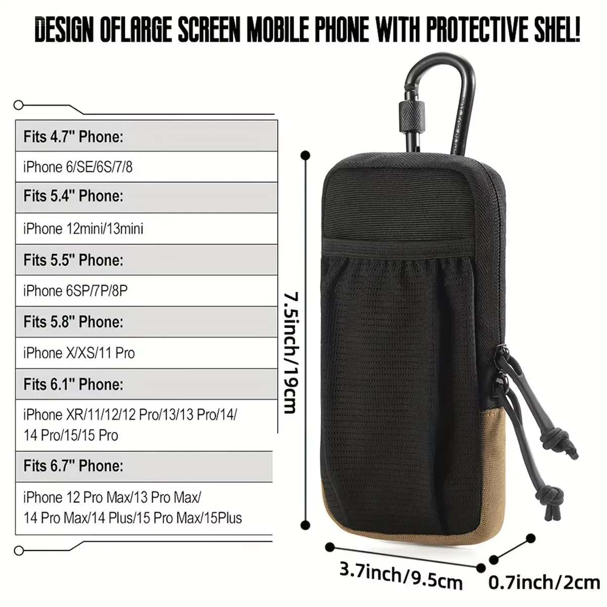 pochette extensible pour téléphone portable pour sports de plein air, pochette de rangement durable en oxford pour la chasse, fixation pour sac à dos et gilet tactique
