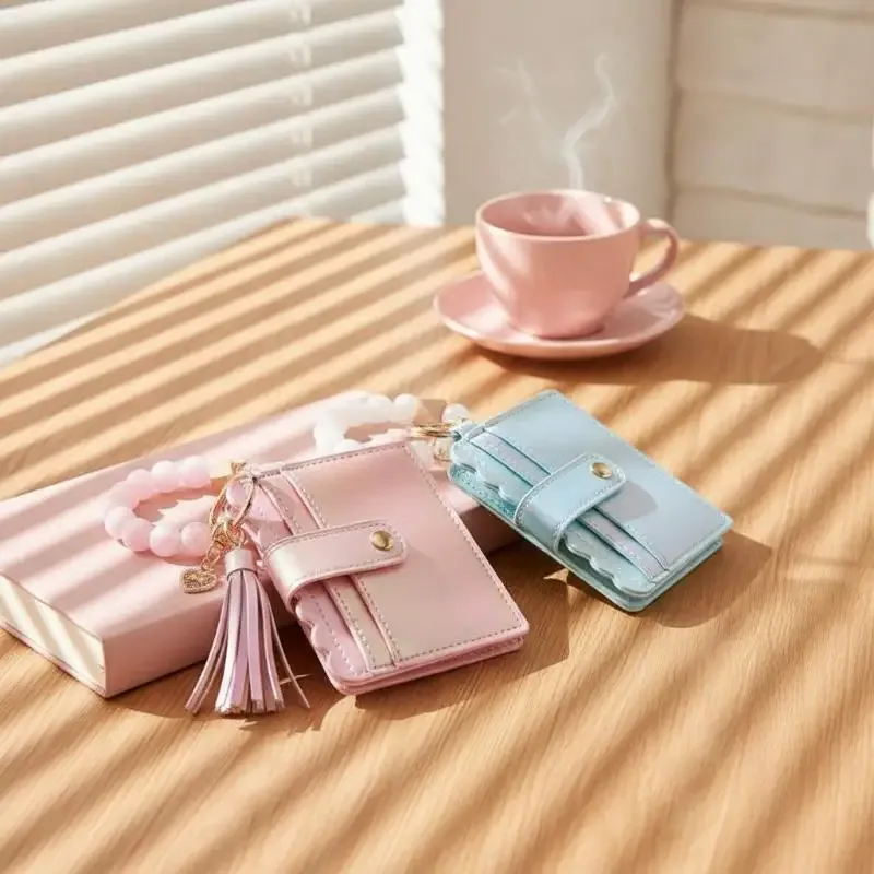 porte-cartes adorable pour filles, portefeuille dégradé de couleurs, breloque cœur, bracelet perles en silicone, étui en cuir pour cartes d'identité - organisateur tendance