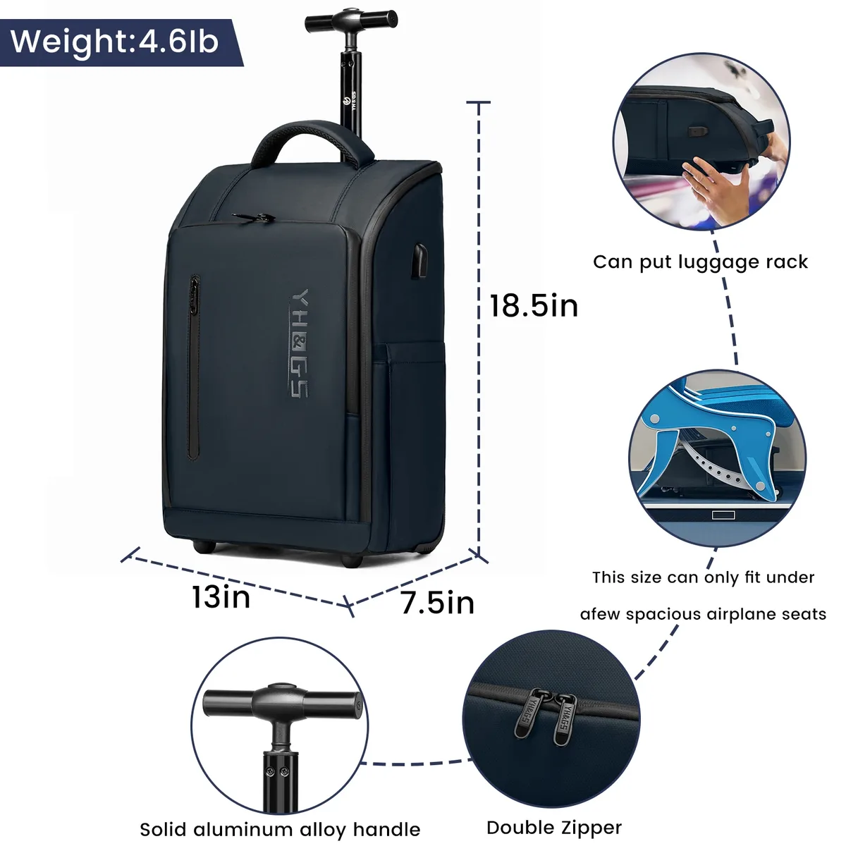 sac à dos à roulettes professionnel avec roulettes, sac de cabine, sac de voyage imperméable pour ordinateur portable, bagage à main 18 pouces