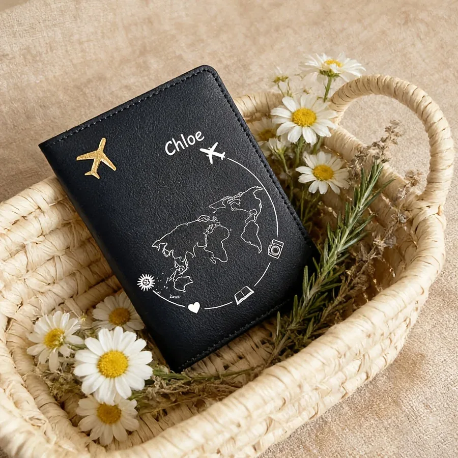 porte-passeport de voyage personnalisé avec texte - cuir synthétique léger, fermeture à bouton-pression, intérieur non doublé
