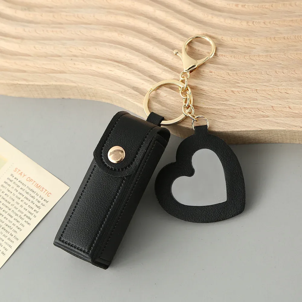1 pièce pochette portable en cuir pu pour rouge à lèvres, mini trousse de maquillage, étui pour baume à lèvres, porte-clés, étui de protection pour rouges à lèvres avec miroir