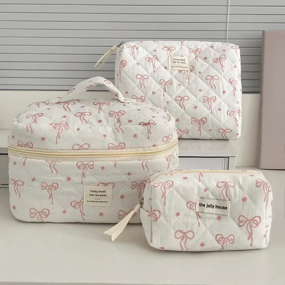 sac à cosmétiques de style coréen, sacs de rangement de voyage à fermeture éclair multi-tailles, sac matelassé de maquillage à carreaux avec nœud rose pour femmes et filles