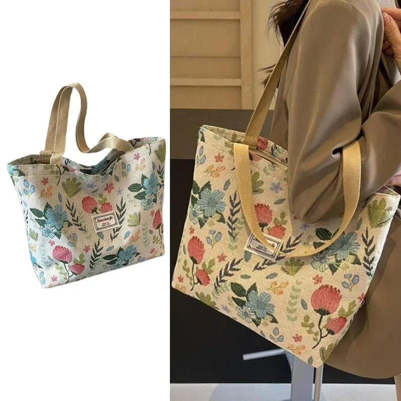 sac à bandoulière simple imprimé floral, sacoches réutilisables de grande capacité, fourre-tout simple et polyvalent