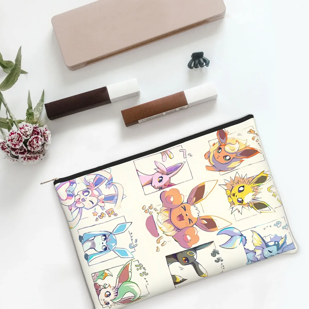 pochette pliable mignonne pour anime, pokemon eevee eeveelution, trousse de maquillage, trousse de toilette avec fermeture éclair, pochette cosmétique