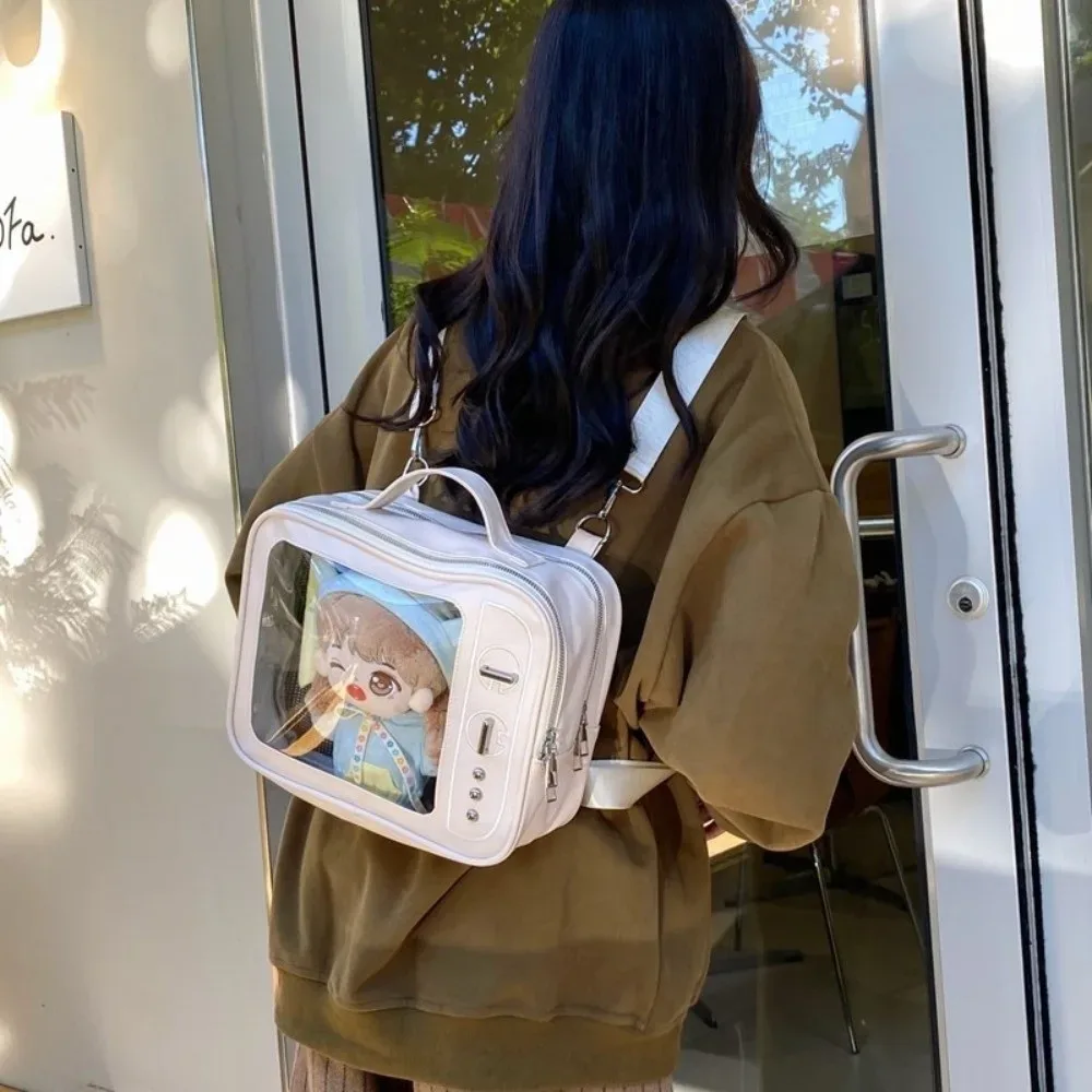 Sac à dos PU TV Model grande capacité Ulzzang avec compartiment transparent, sac Ita, compartiment de présentation portable, sac à bandoulière pour collection