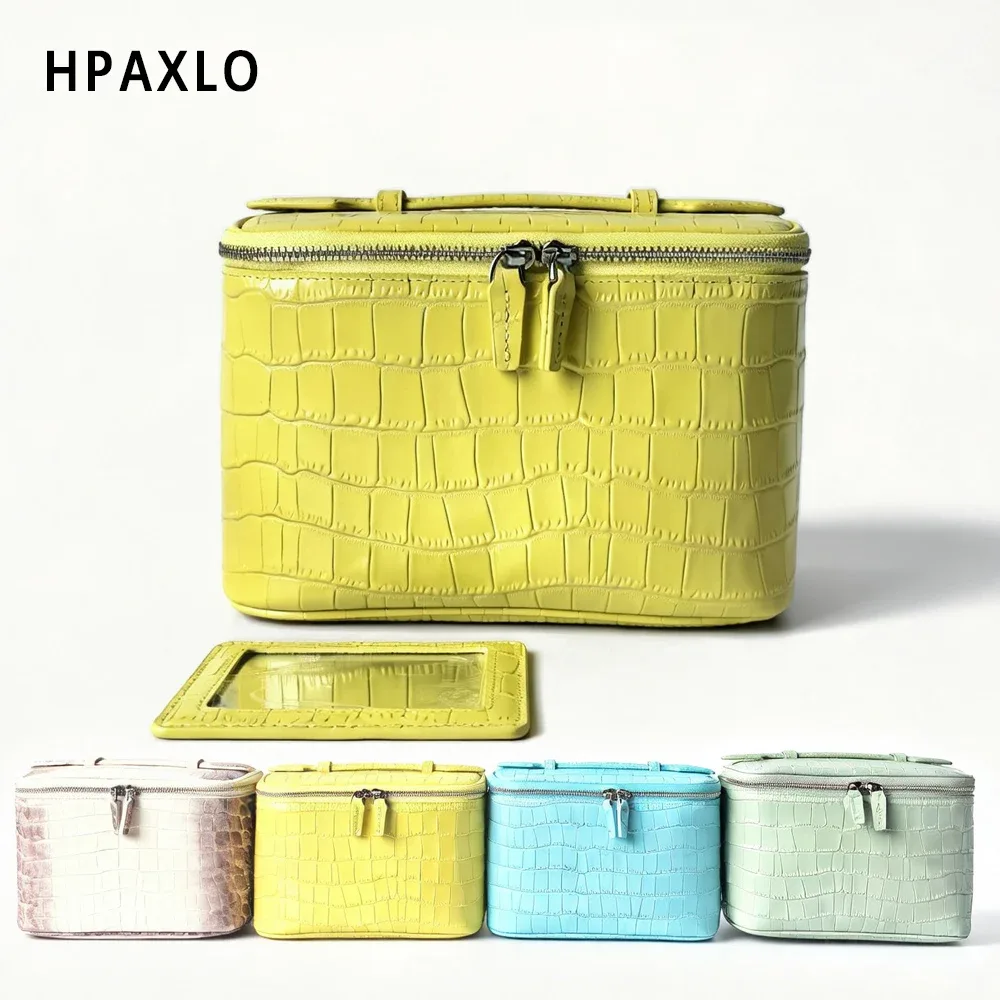 pochette de maquillage en cuir véritable texture crocodile, trousse de toilette de voyage, organiseur de rangement de grande capacité de qualité supérieure pour femmes