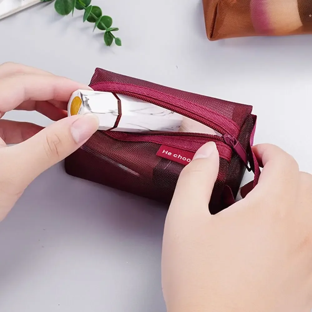 sac de maquillage en maille de couleur rétro, sac de rangement à fermeture éclair, sac cosmétique transparent, trousse de toilette, sac de rangement de grande capacité pour femme