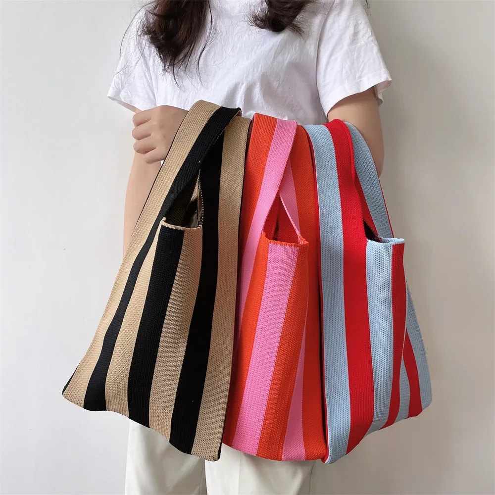 Sacs fourre-tout en tricot rayé sac à bandoulière pour femme mode fourre-tout creux dames femme tissé Shopper sac à main dame sac à main à bandoulière