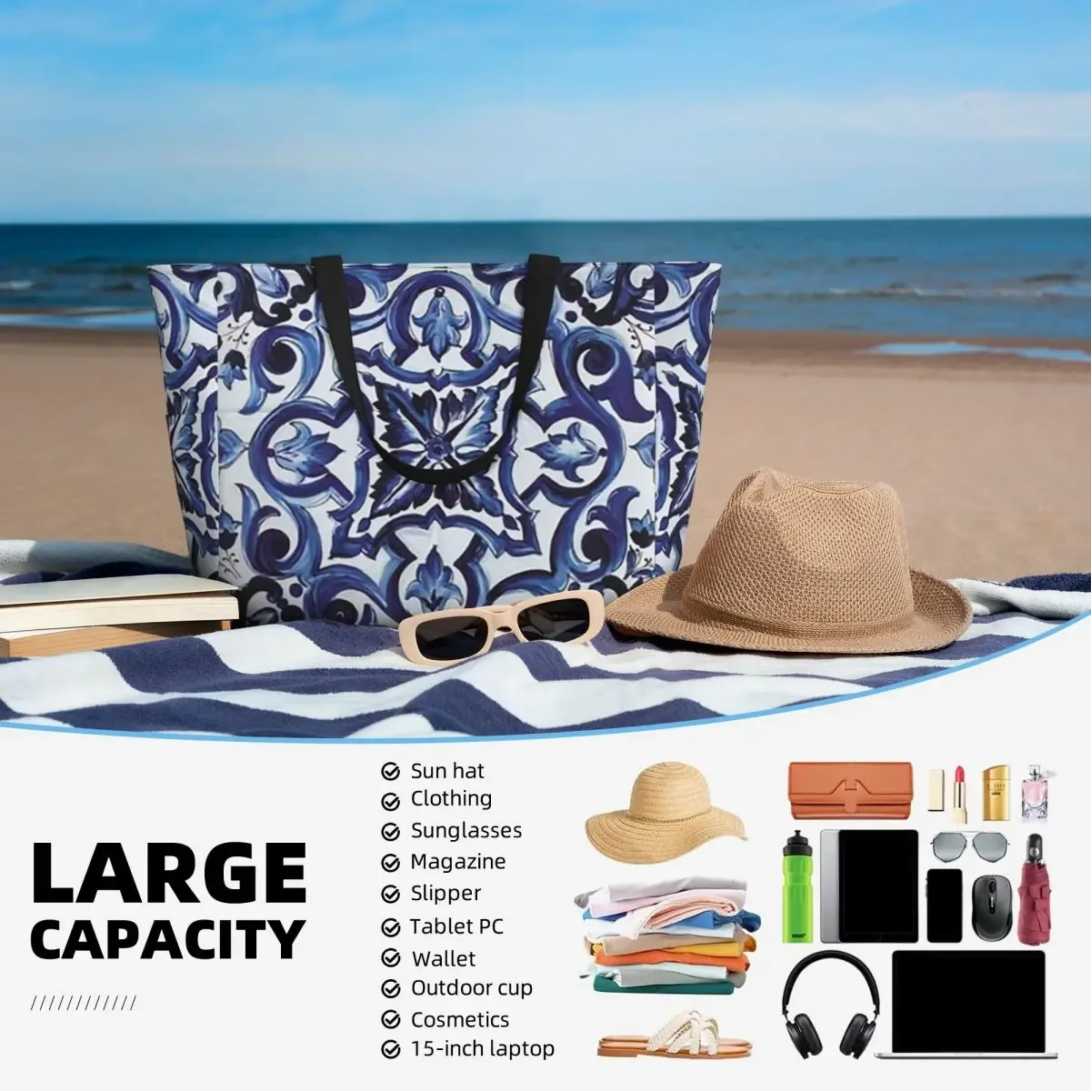 sac fourre-tout bleu orné de motifs floraux, style carreaux siciliens méditerranéens, pour la plage, le sport, la gym, le yoga, grand sac de voyage pour femme, sac de fitness