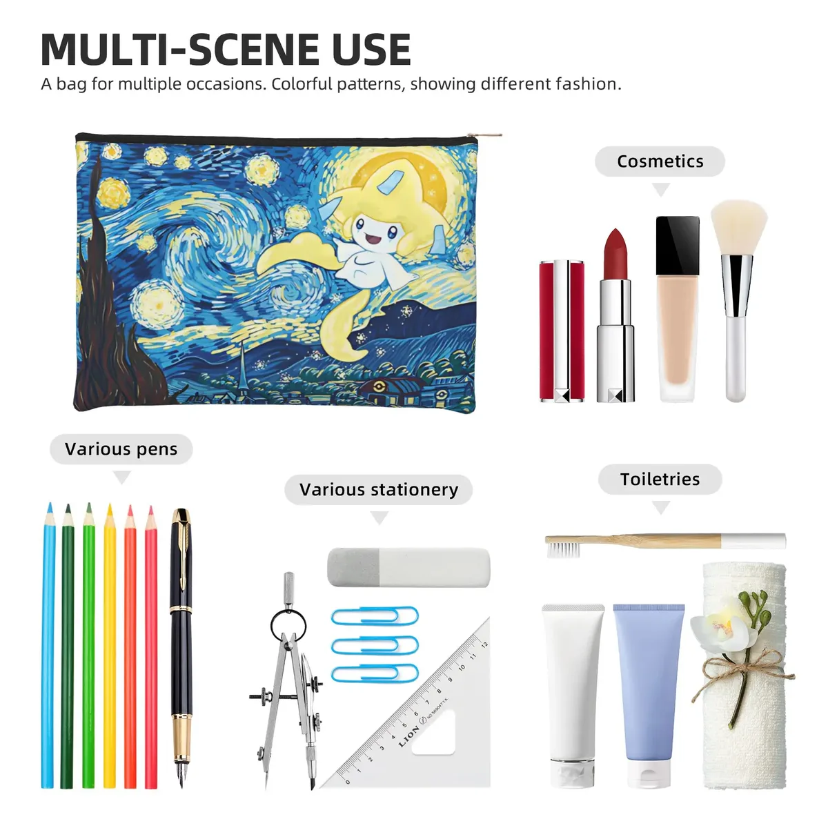 sac à cosmétiques élégant et mignon pokemon, trousse de toilette jirachi night avec fermeture éclair, pochette à cosmétiques