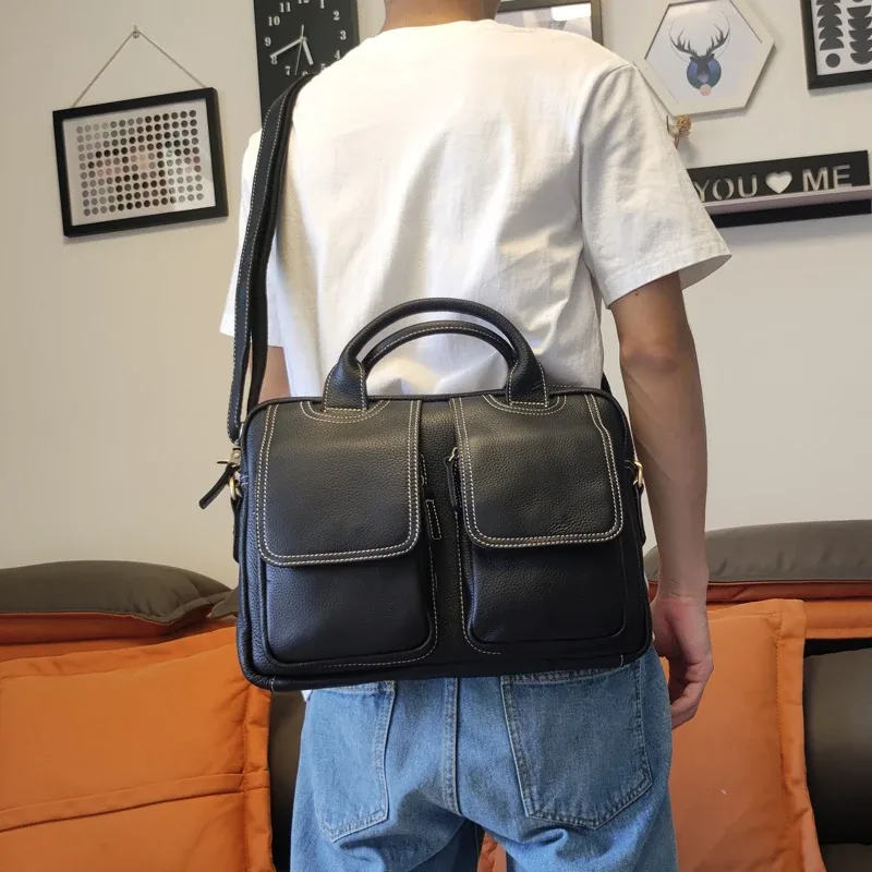 porte-documents pour hommes d'affaires, première couche en cuir de vache, décontracté, simple, luxe, doux, en cuir véritable, multi-poches, pour ordinateur portable