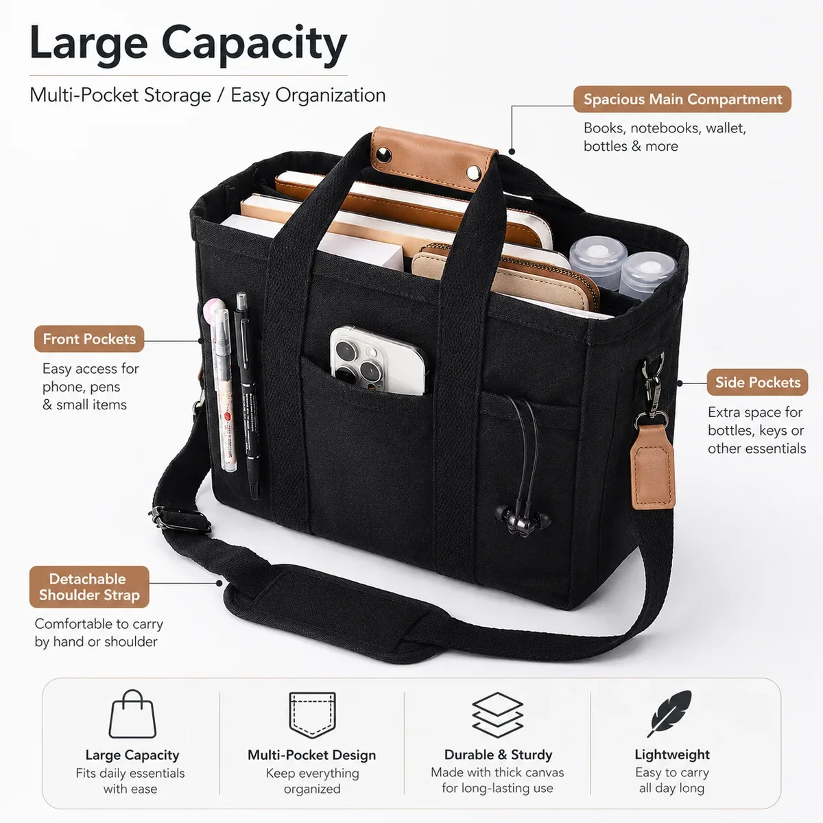 sac fourre-tout en toile de grande capacité avec plusieurs poches, bandoulière amovible pour le travail, l'école et les voyages