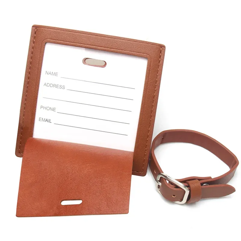 étiquette de bagage carrée en cuir de luxe, porte-carte d'identification de valise dissimulé, étiquette vierge au design épuré pour les élus d'affaires