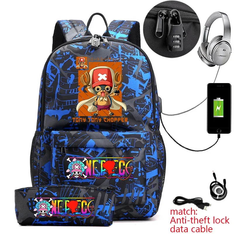 sac à dos antivol pour étudiants avec imprimé tony chopper, avec trousse à crayons, sac à dos décontracté pour garçons, filles et adolescents