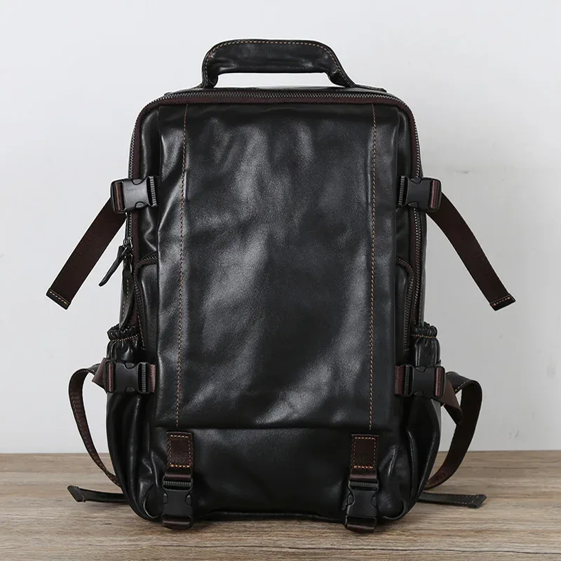 sac à dos vintage en cuir de vachette pour homme, grande capacité, avec fermeture éclair et boucle, sacoche décontractée en cuir pour ordinateur portable 15 pouces