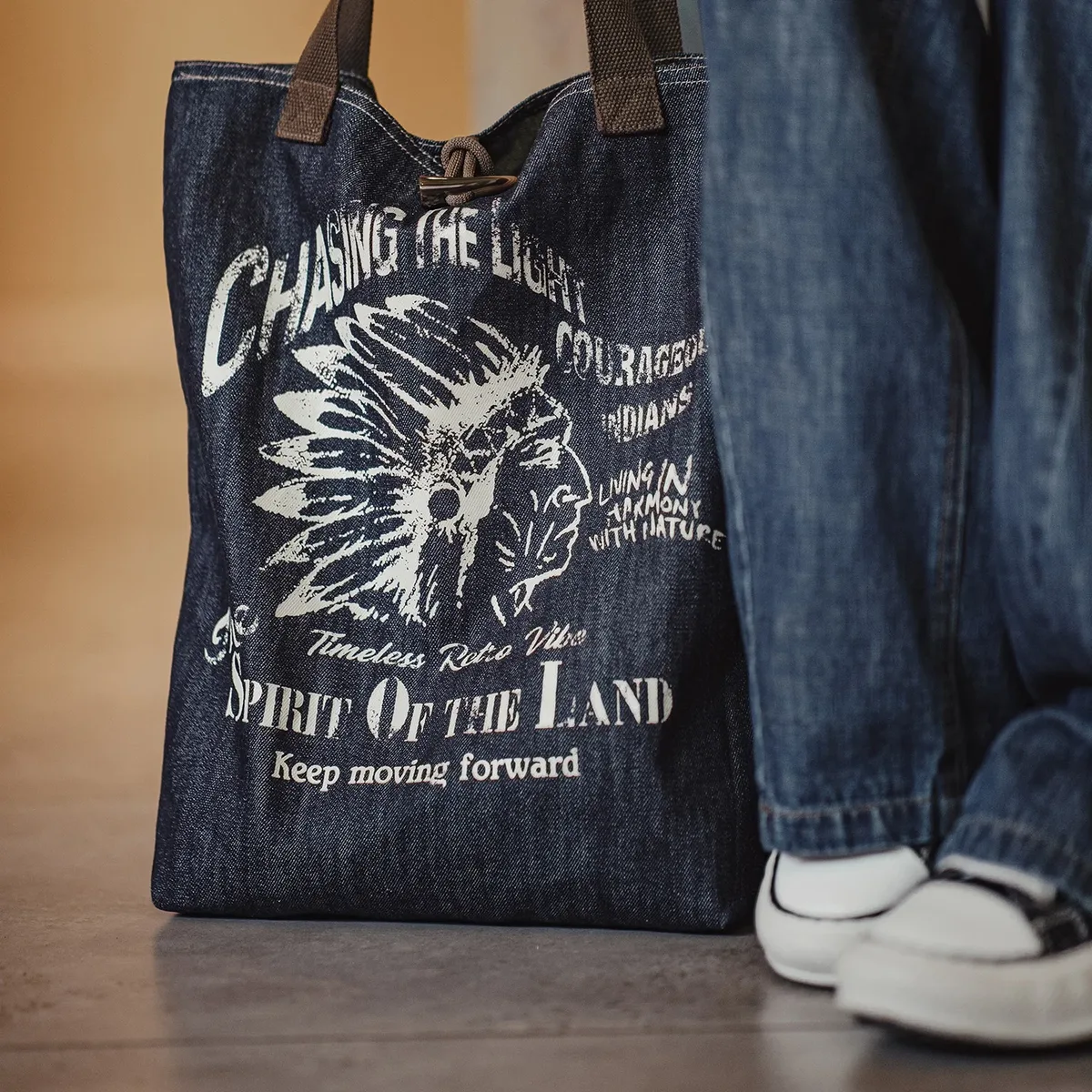 maden sac fourre-tout en denim vintage pour femme grand sac à main à bandoulière décontracté imprimé totem indien sac de transport quotidien bleu délavé à bascule