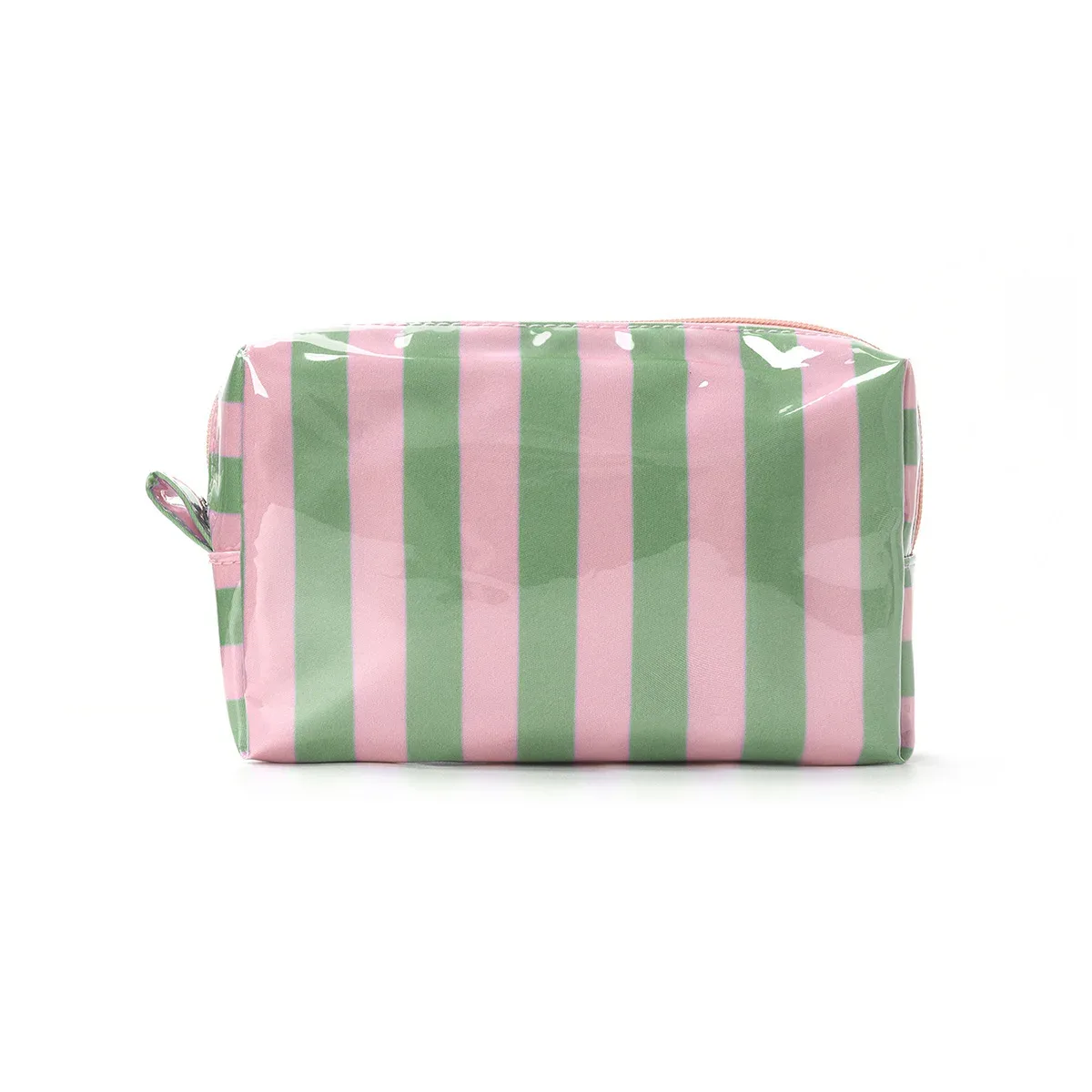 sac cosmétique rayé en pvc avec pompons et fermeture éclair, trousse de toilette de voyage imperméable avec organiseur de pinceaux de maquillage intégré.