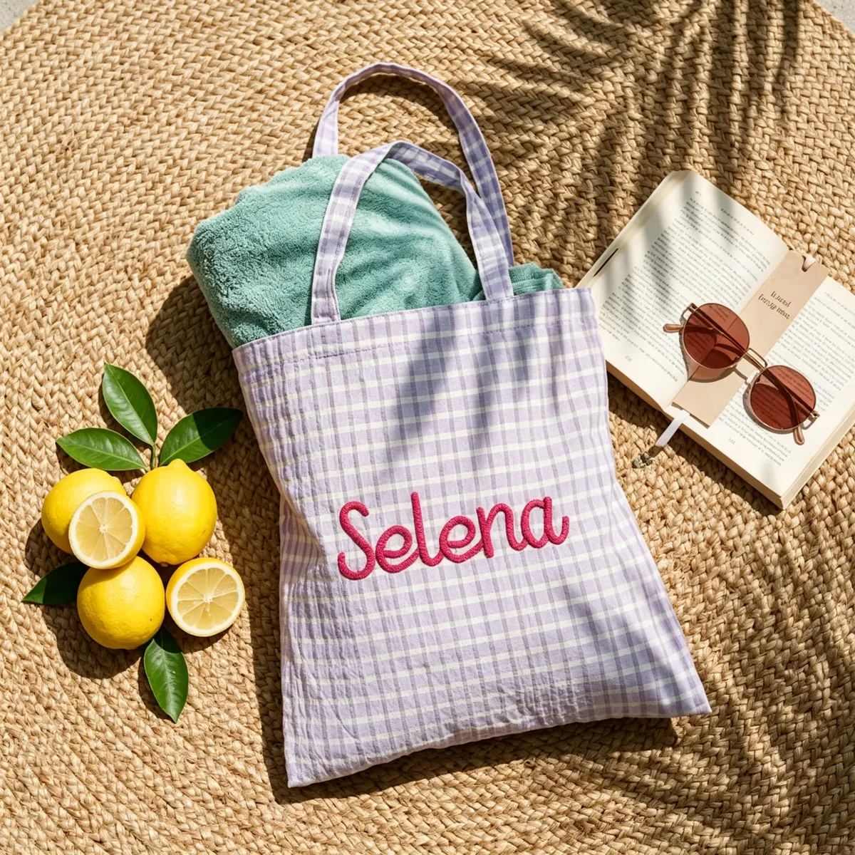 sac fourre-tout pour les vacances d'été, sac de plage à carreaux personnalisé, cadeau de fête d'enterrement de vie de jeune fille sur le thème du citron, sac fourre-tout personnalisé en chenille avec nom, pour filles