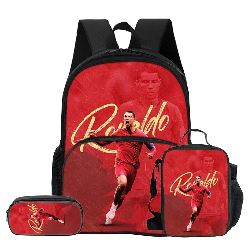 ensemble de 3 pièces avec sac à dos à poche avant ronaldo, sac isotherme pour le déjeuner, trousse à crayons cr, sac à dos de star du football