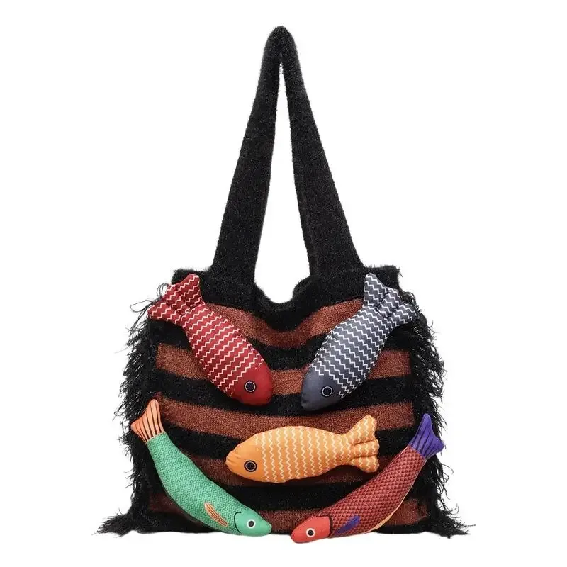 sac fourre-tout tricoté décontracté motif petit poisson mignon, nouveauté été, sac à bandoulière polyvalent pour trajets quotidiens, avec découpes contrastées