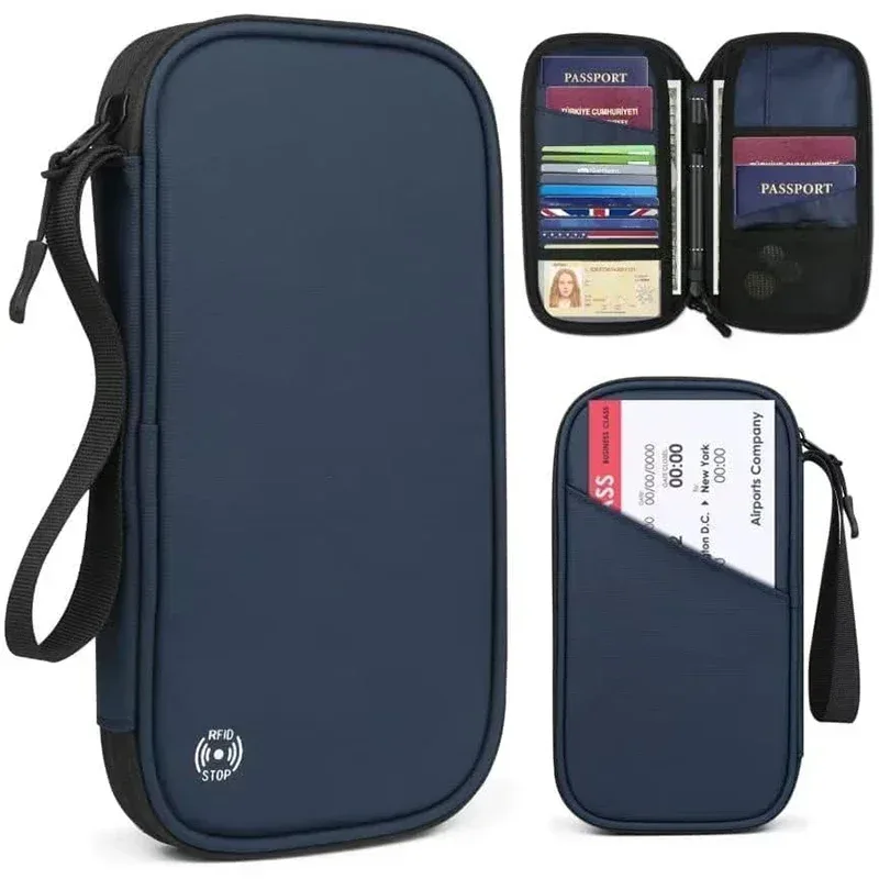 Couverture de passeport de voyage familiale légère, portefeuille zippé, sac de rangement de documents Oxford avec dragonne détachable pour femmes et hommes
