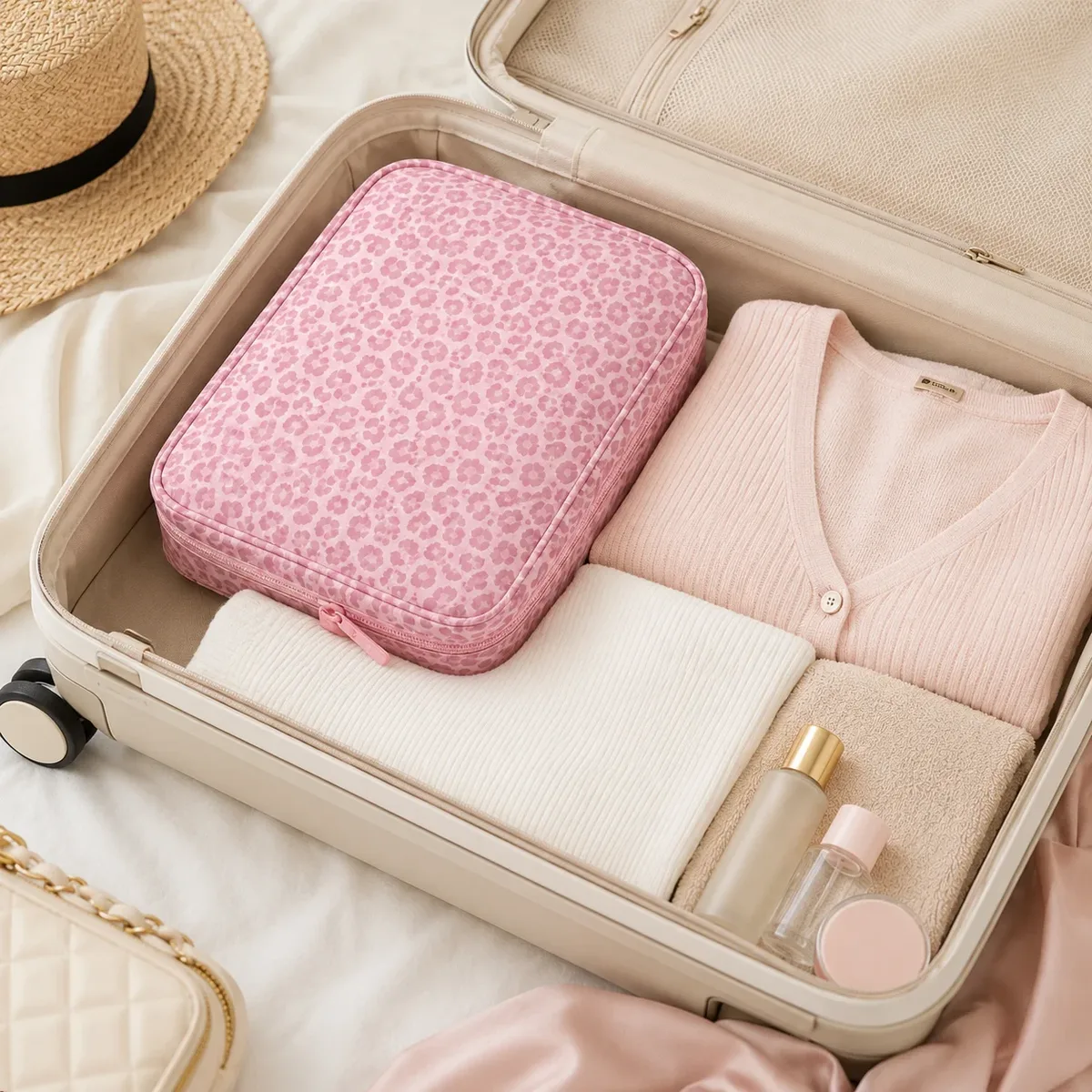 trousse à cosmétiques rose à motif léopard, trousse de maquillage souple à fermeture éclair, organiseur de toilette de voyage, pochette de beauté, étui de rangement pour cosmétiques pour femmes