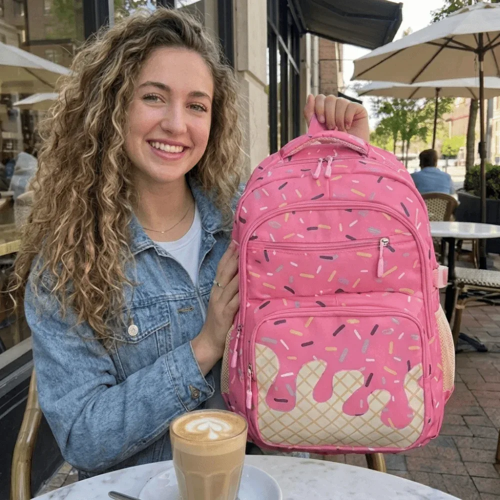 ensemble de sacs à dos en tissu oxford imprimé crème glacée avec trousse à crayons, sac à dos de grande capacité avec sac bandoulière et sac fourre-tout assorti.
