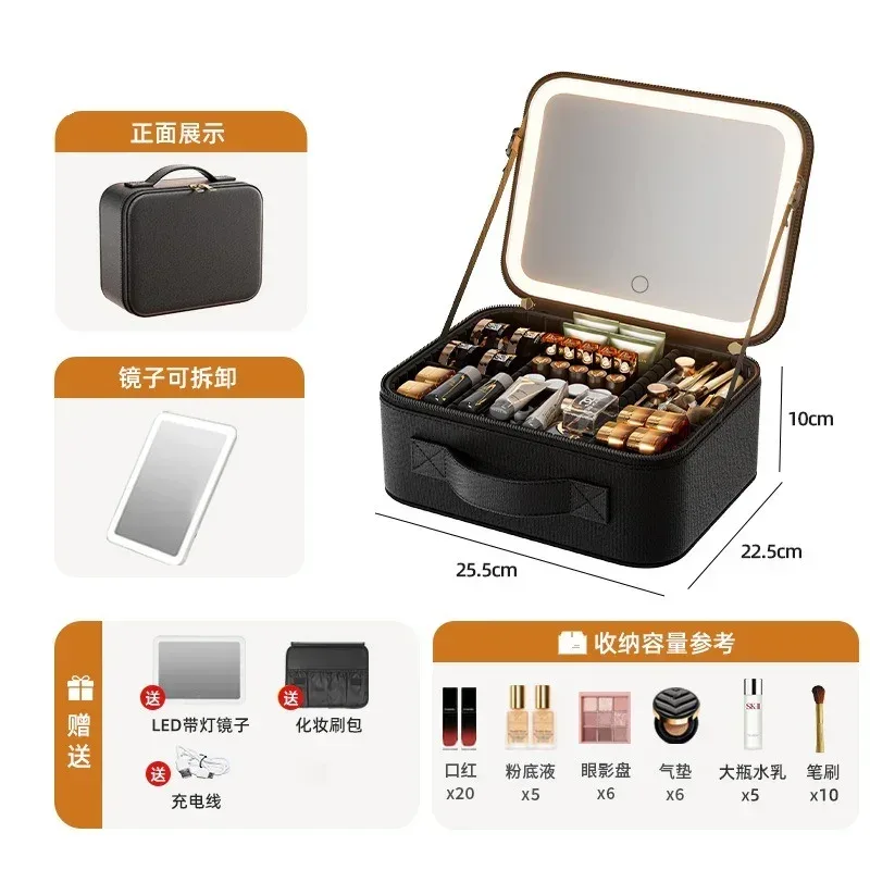 sac de maquillage led portable avec miroir, grande taille, trousse de toilette de voyage, organiseur de beauté multifonctionnel pour femmes