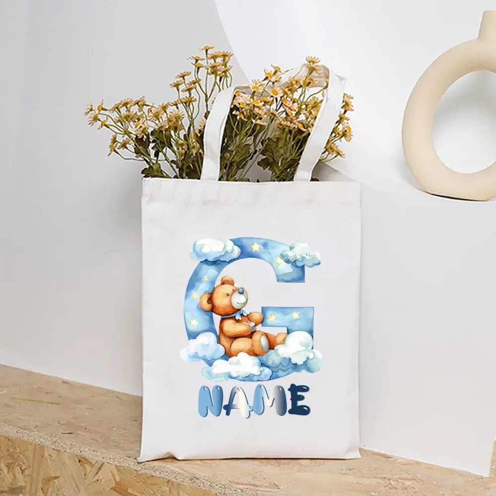 sacs fourre-tout en toile college nuage ours et alphabet personnalisés, sacs à main personnalisés de grande capacité, cadeaux de portabilité pour la rentrée scolaire