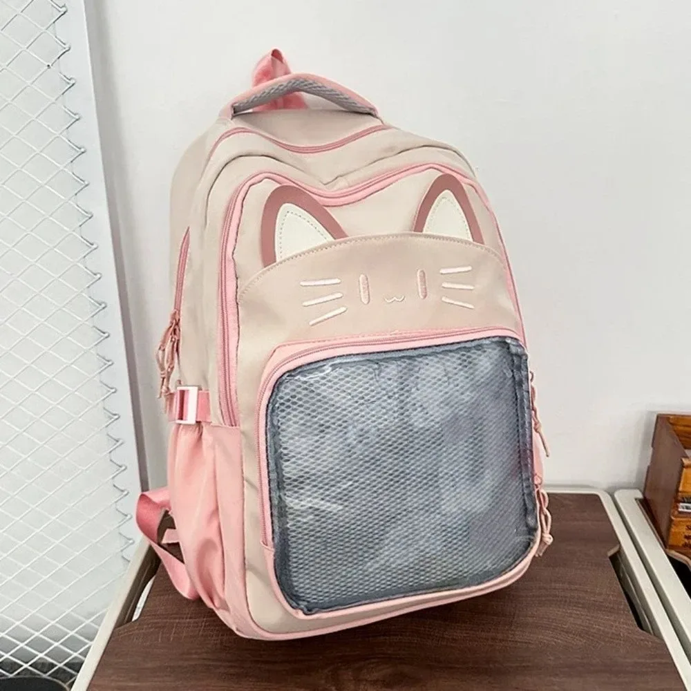 sac ita brodé tendance style preppy grande capacité poche transparente sac à dos étudiant chat mignon pour femme
