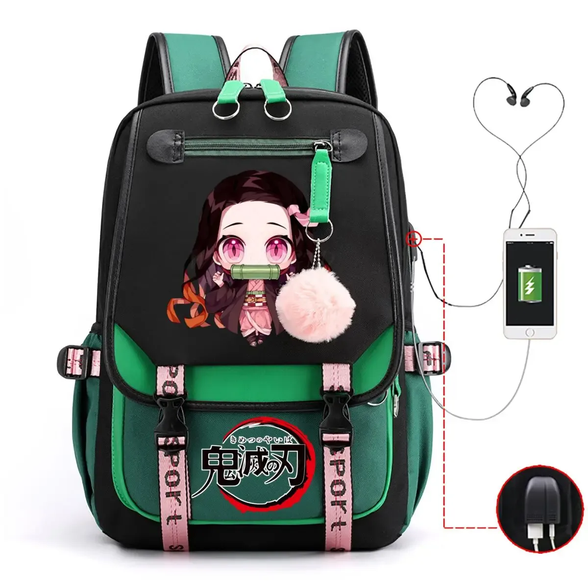 anime kamado nezuko imprimer sacs à dos femmes filles usb sacs de charge grande capacité enfants adolescent cartables voyage sacs à dos