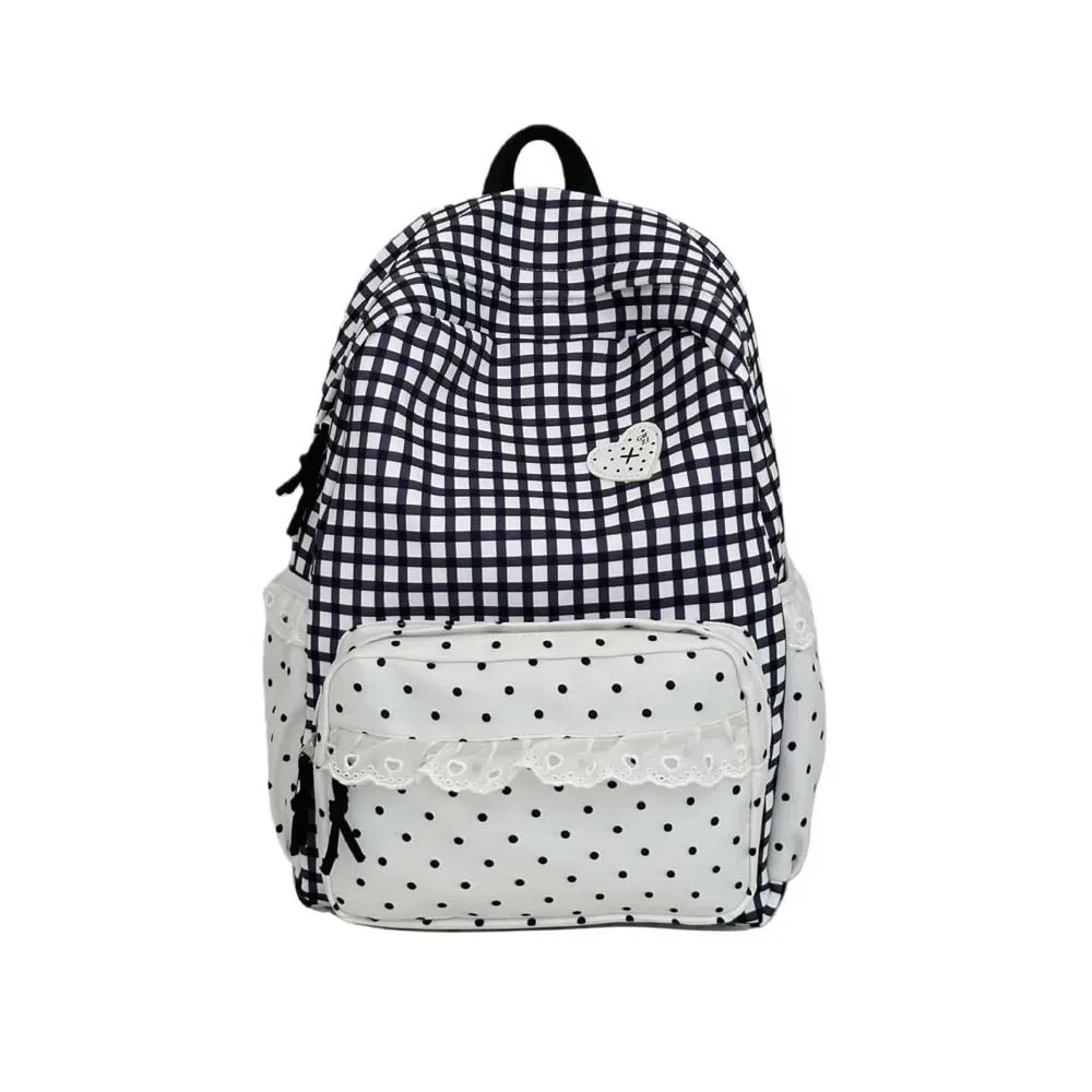 sac à dos coréen à carreaux gingham, design à volants, couleurs pastel, sac d'école en dentelle, bretelles réglables, sac à dos à pois et à carreaux pour le quotidien et les voyages