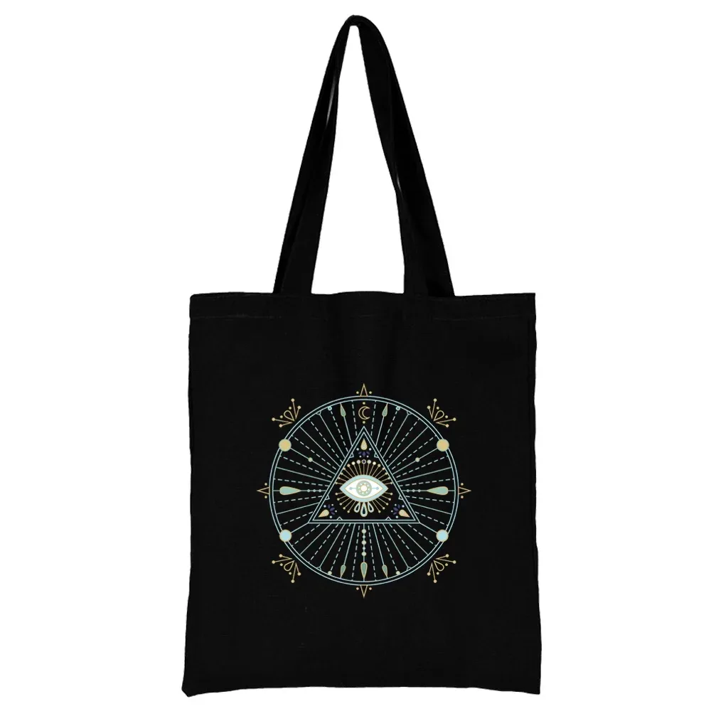 sac de shopping en toile noire pour femmes, fourre-tout décontracté réutilisable, sac à bandoulière à motif blanc imprimé, sac à main pliable de grande capacité