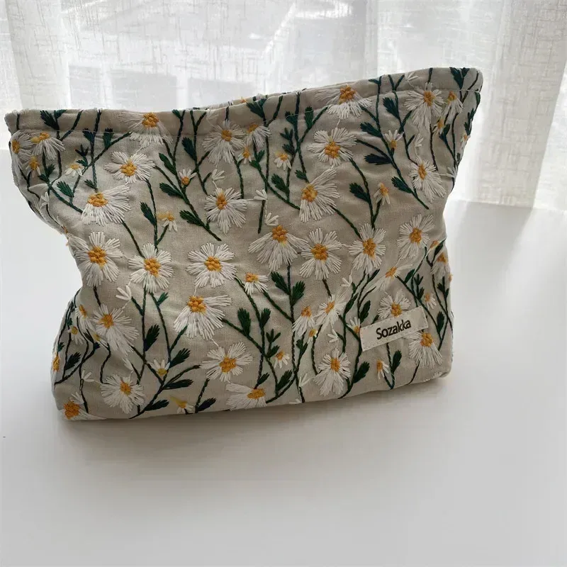 trousse à cosmétiques de beauté florale pour femme, trousse de maquillage, broderie coréenne, velours côtelé, grand sac de rangement de lavage et de toilette, poudres, voyage