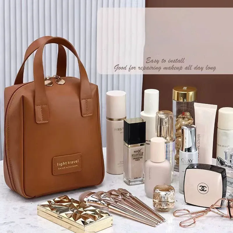 trousse de maquillage portable en cuir pu pour femme, sac de rangement cosmétique étanche, sac de lavage de voyage, grande capacité, coque tendance, 2 pièces