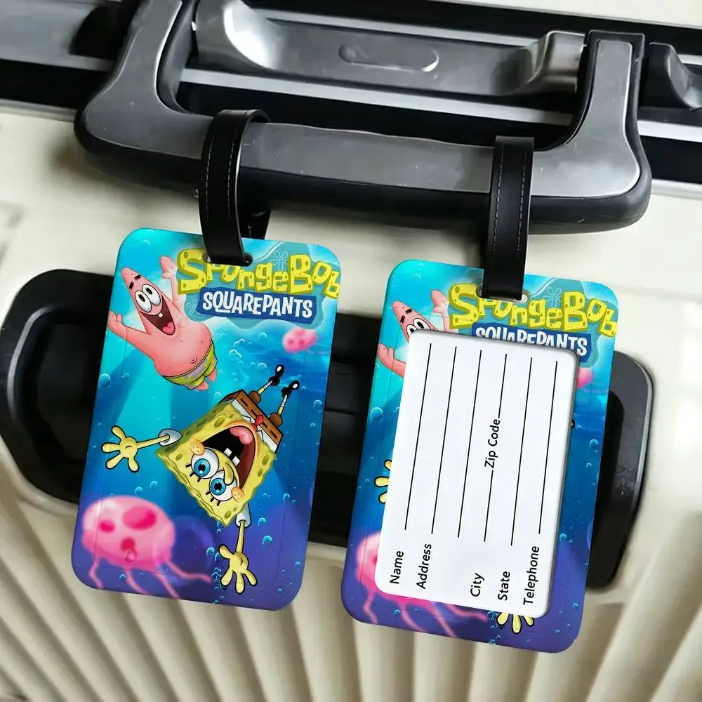étiquette d'identification de bagage anti-perte en pvc, motif classique de dessin animé s-spongebob, avec porte-carte d'informations amovible, étiquette de bagage de voyage.