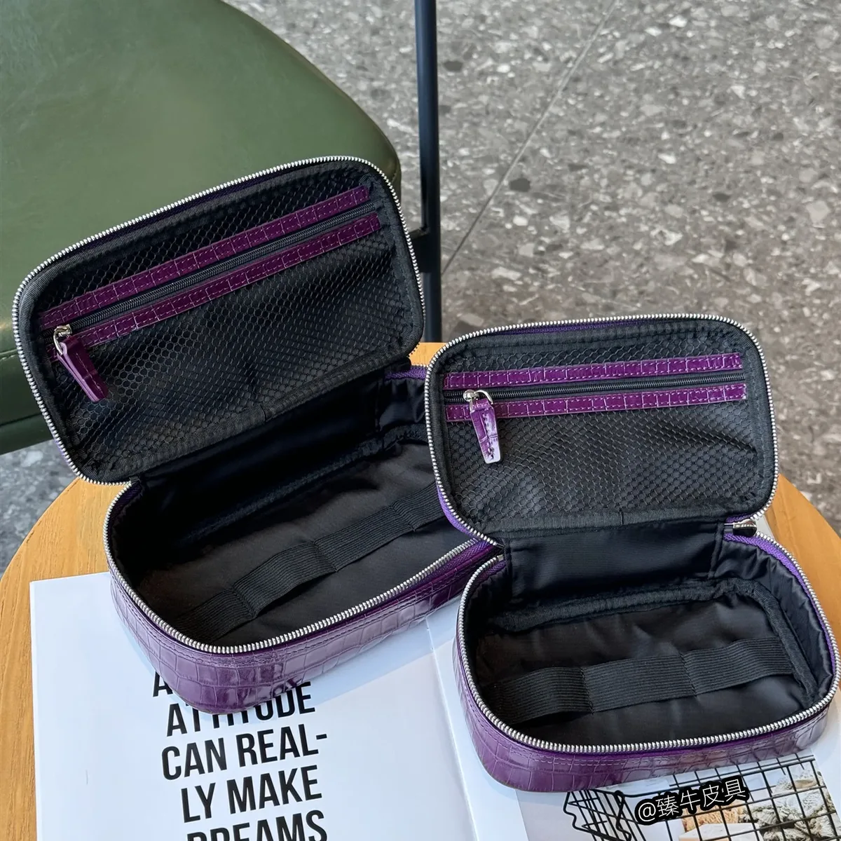 sac à cosmétiques portable en cuir de vachette véritable à motif crocodile, nouveau sac de toilette de voyage en cuir véritable, sac à maquillage pour femmes