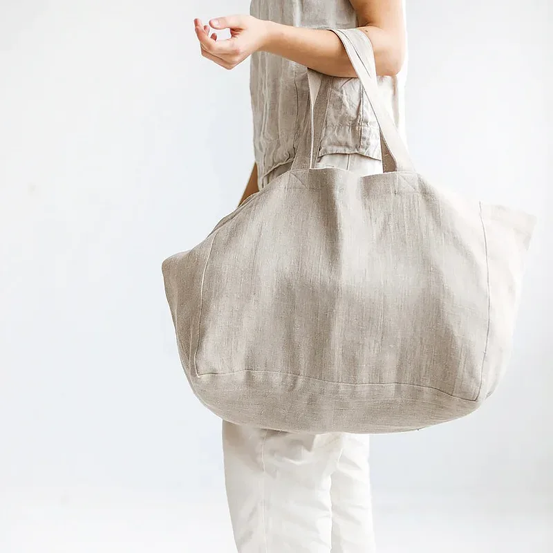 sacs de shopping en lin décontractés pour femmes, sacs d'articles divers réutilisables pliables, sacs à bandoulière de plage de voyage, grands sacs à main
