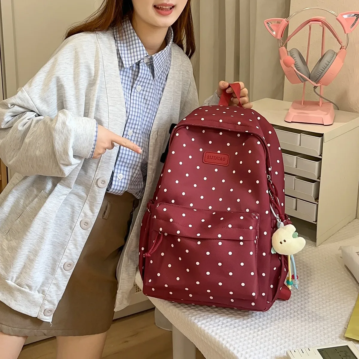sac à dos de voyage mignon à pois, grande capacité, léger, sac à livres, sac pour ordinateur portable pour les étudiantes du primaire et du collège